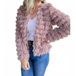NEW AMOLI dressy faux fur fringe open front jacket in dusty mauve